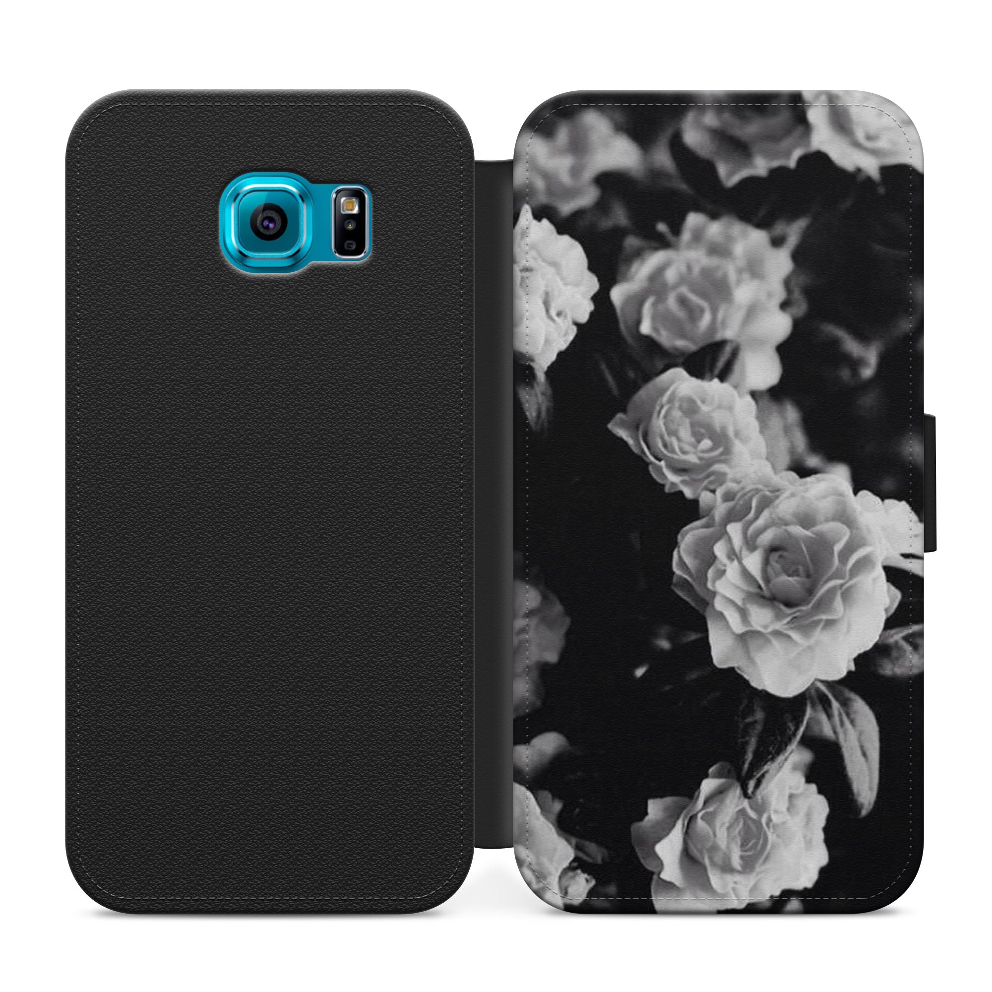 Black & White Floral Rubber Faux Leather Flip Case Wallet for iPhone / Samsung