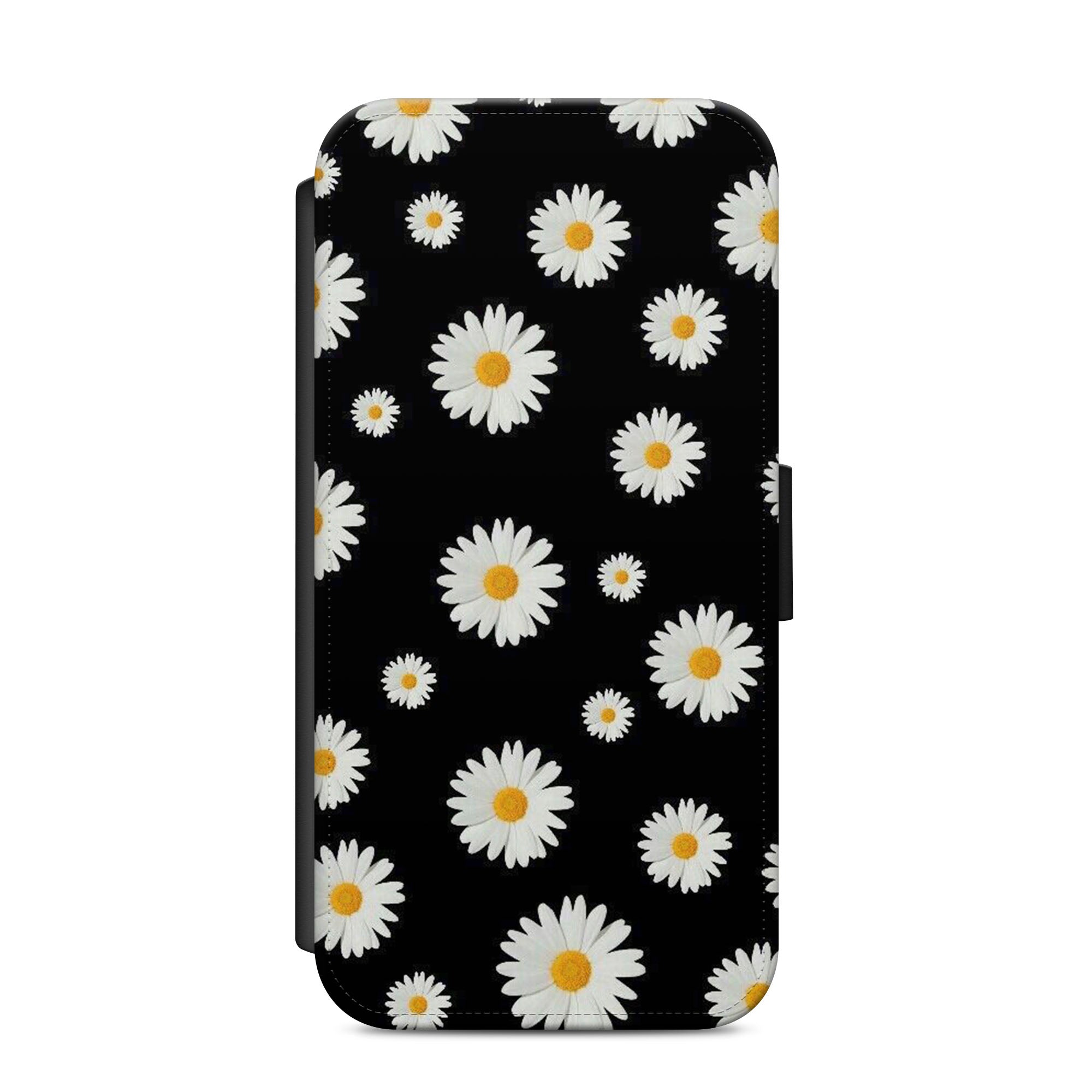 Daisies On Black Faux Leather Flip Case Wallet for iPhone / Samsung