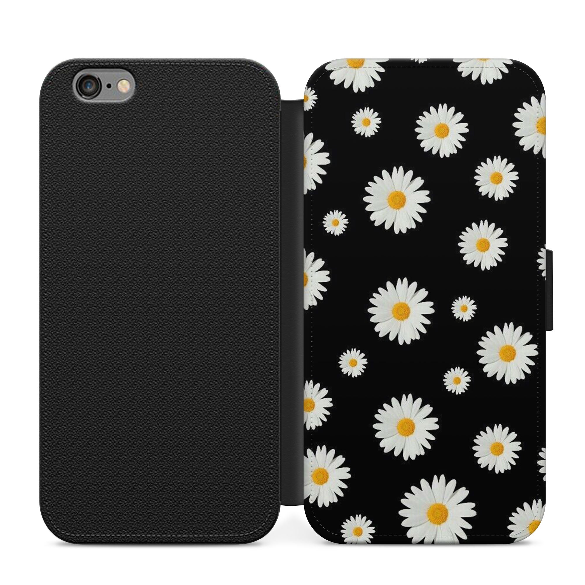 Daisies On Black Faux Leather Flip Case Wallet for iPhone / Samsung