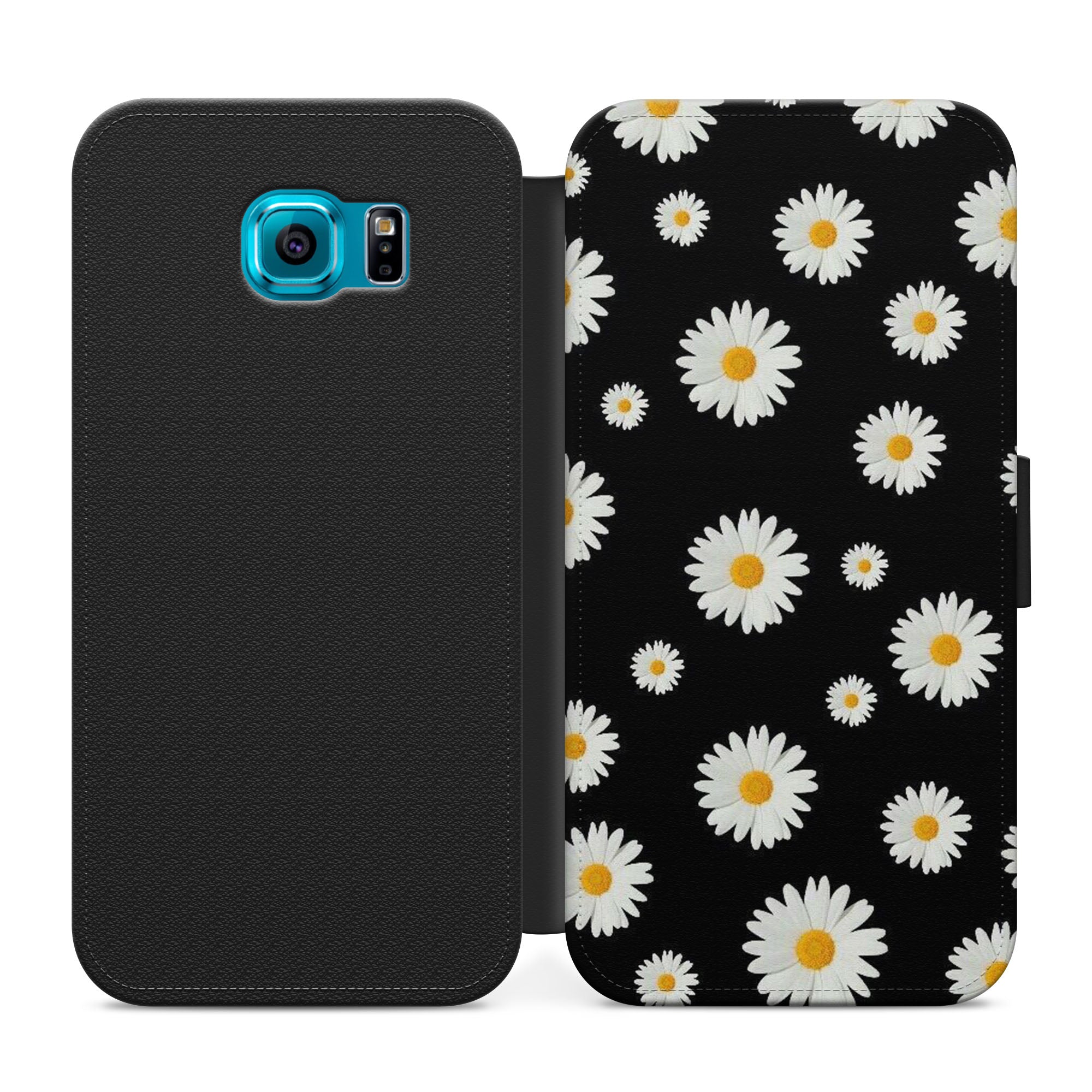 Daisies On Black Faux Leather Flip Case Wallet for iPhone / Samsung