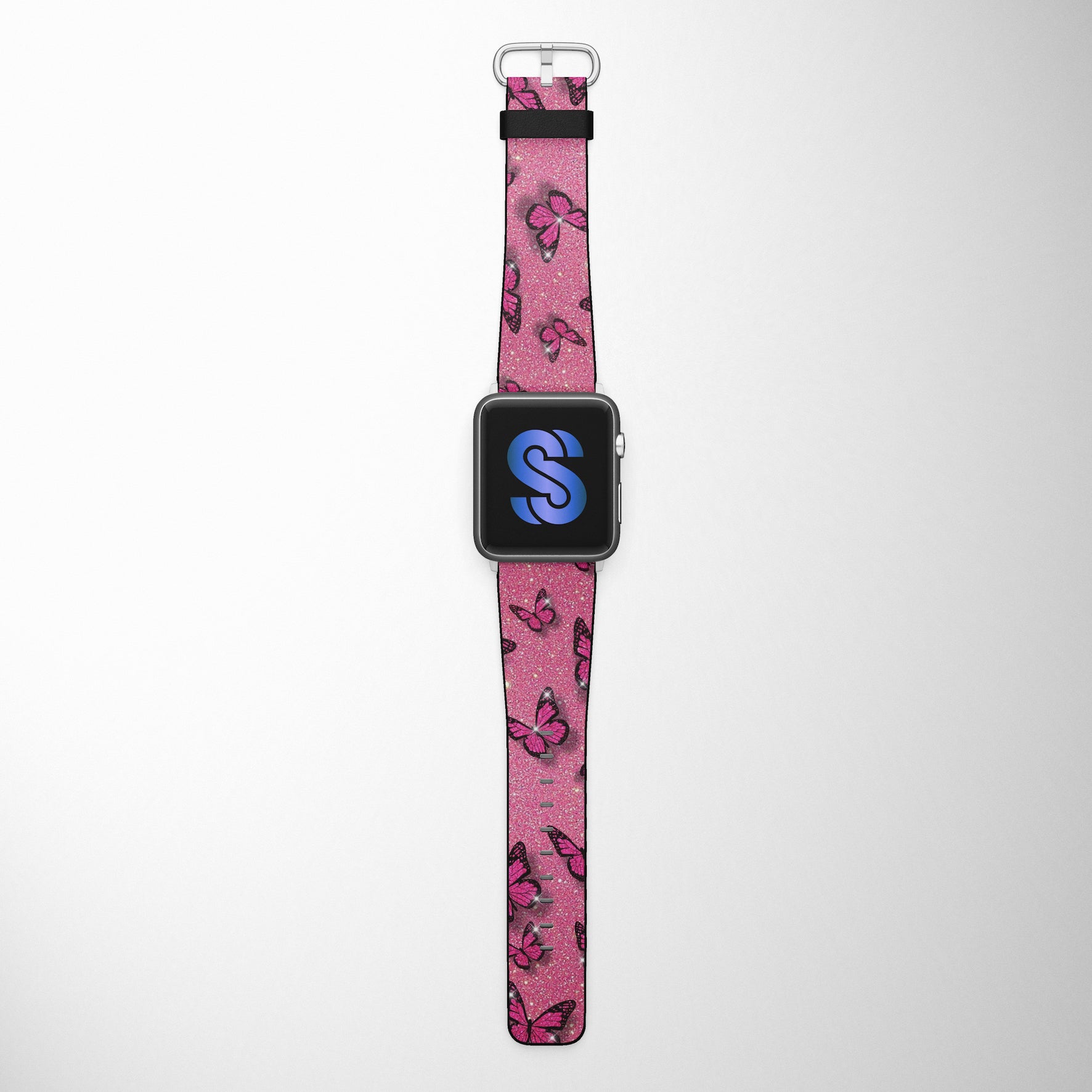 Pink Sparkly Butterflies Faux Leather Apple Watch Band for Apple Watch 1,2,3,4,5,6,SE - www.scottsy.com