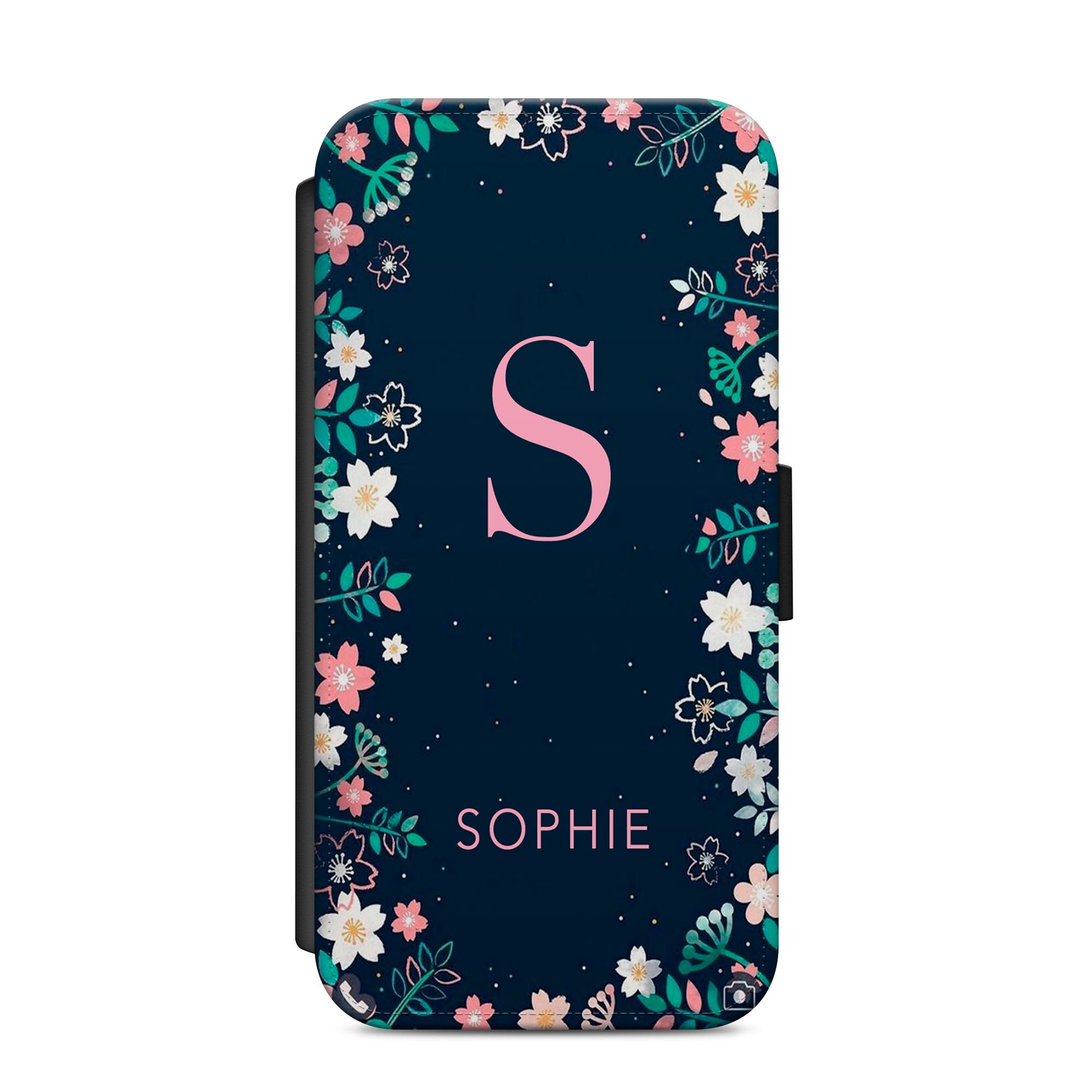 Personalised Floral Faux Leather Flip Case Wallet for iPhone / Samsung