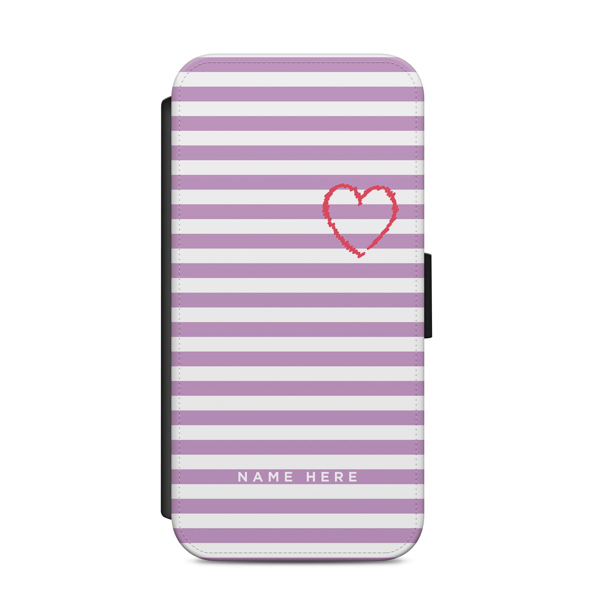 Personalised Heart On Pink & White Stripes Faux Leather Flip Case Wallet for iPhone / Samsung