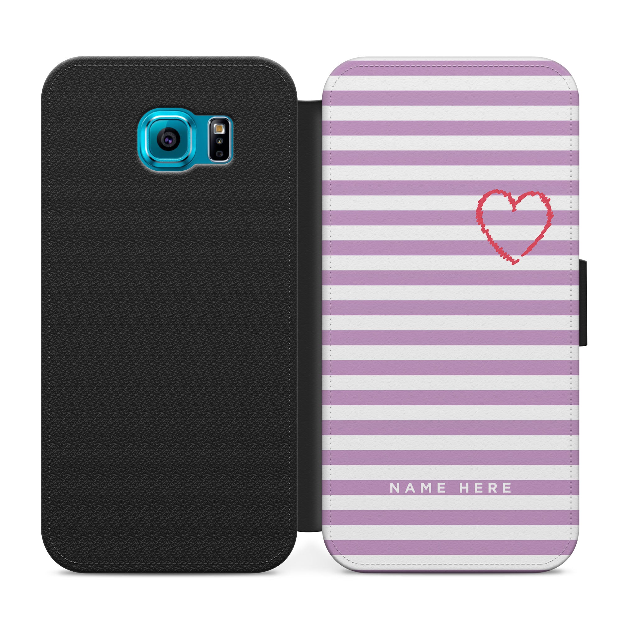 Personalised Heart On Pink & White Stripes Faux Leather Flip Case Wallet for iPhone / Samsung