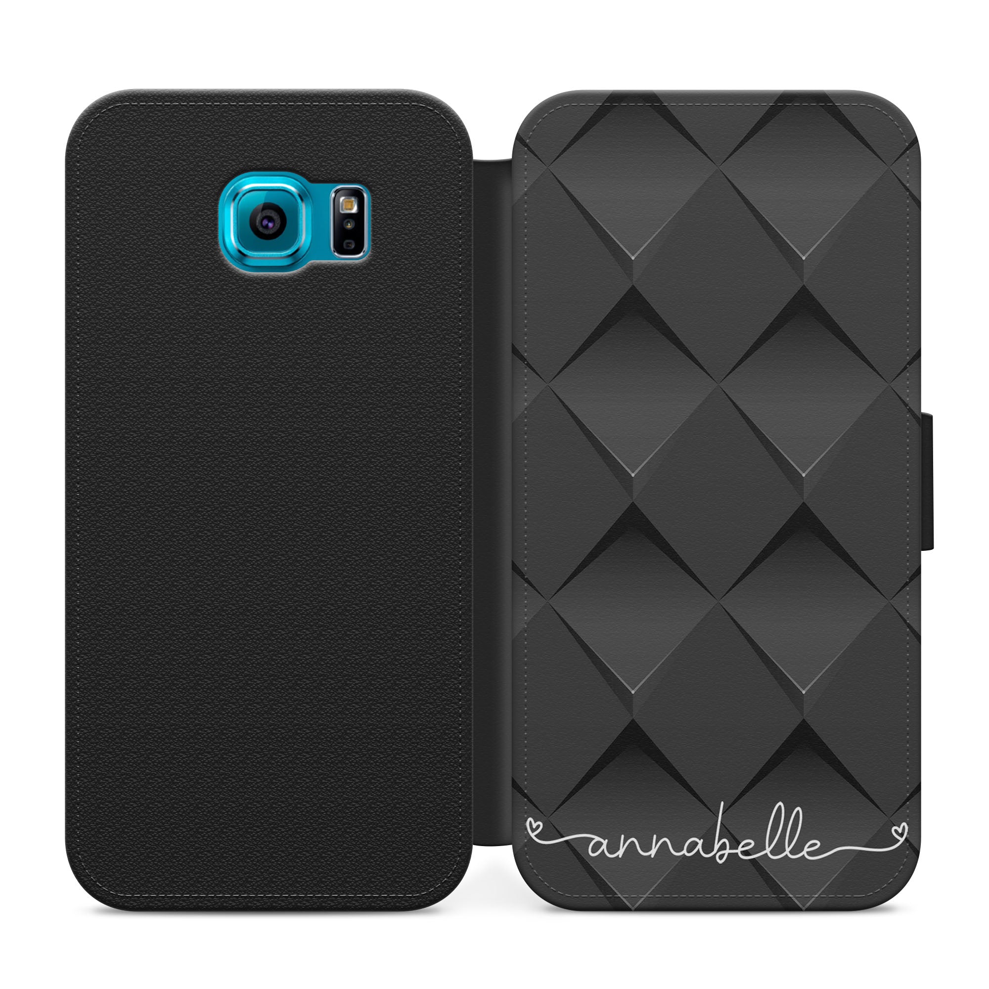 Personalised Black Geometric Faux Leather Flip Case Wallet for iPhone / Samsung