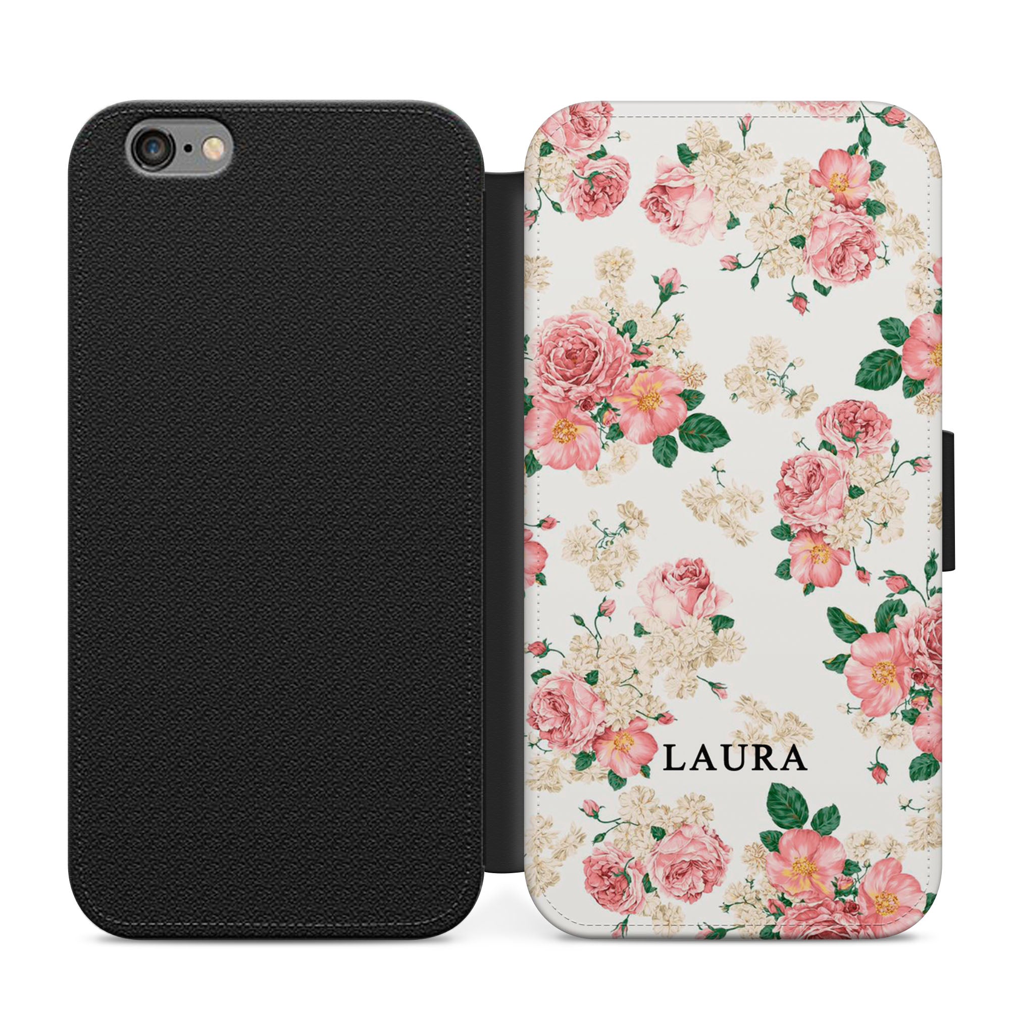 Personalised Floral Faux Leather Flip Case Wallet for iPhone / Samsung