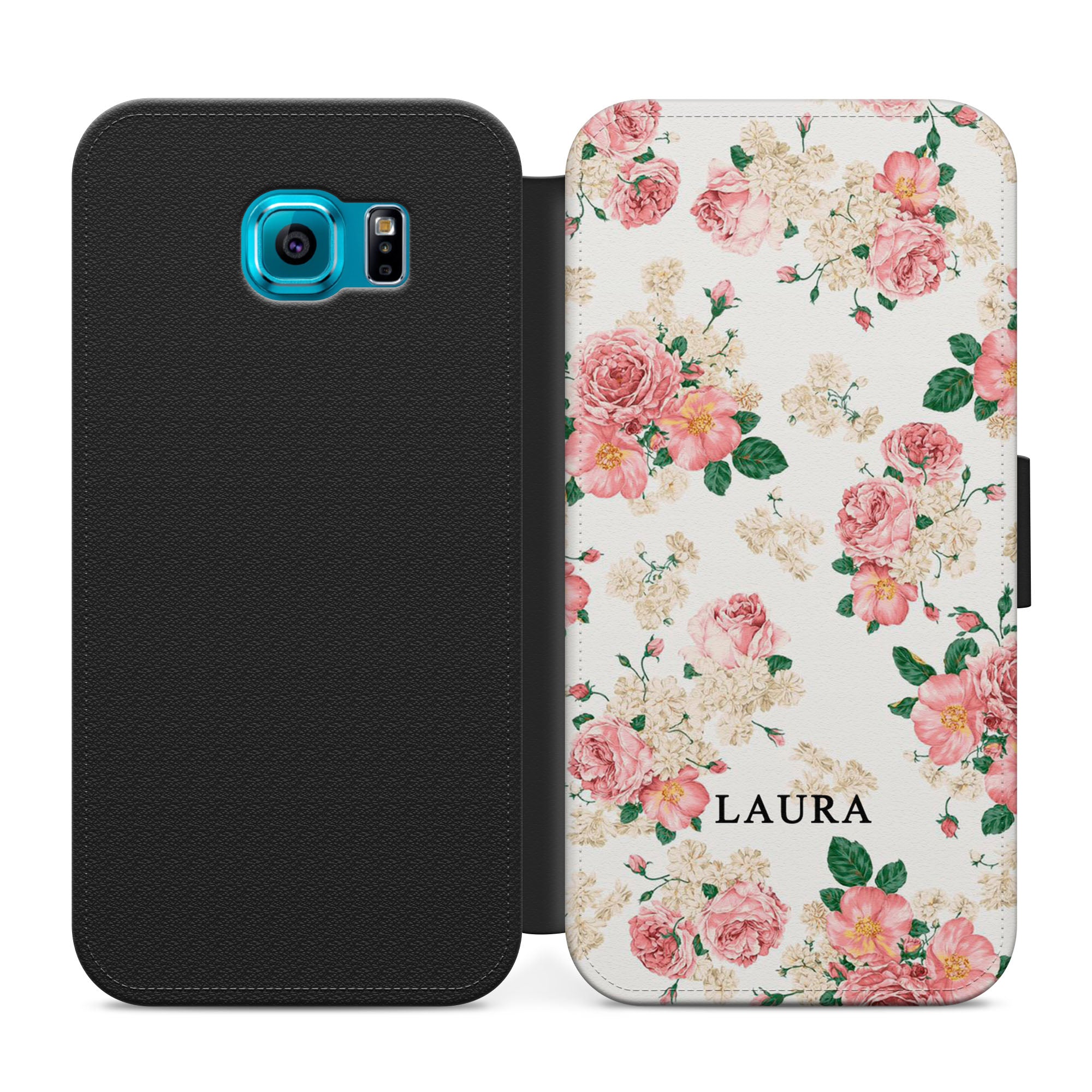 Personalised Floral Faux Leather Flip Case Wallet for iPhone / Samsung