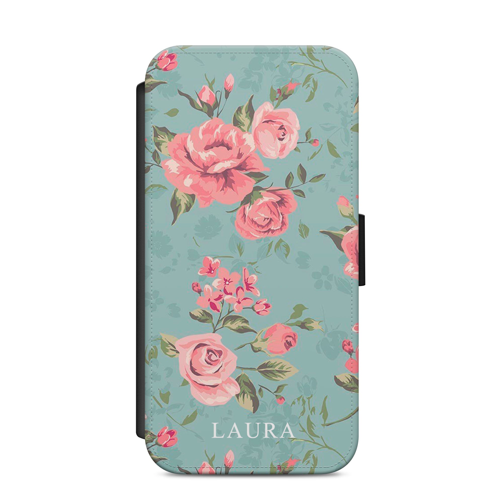 Personalised Floral Faux Leather Flip Case Wallet for iPhone / Samsung